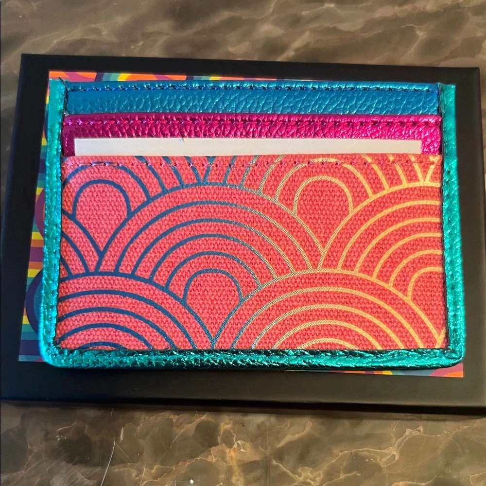 Kurt Geiger Coral, Yellow & Teal Card Holder with Metallic Logo - Picture 2 of 2